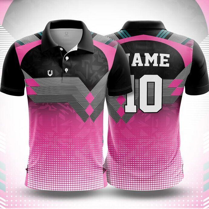 CJ25-15 polo neck jersey design in black, pink, grey, front and back