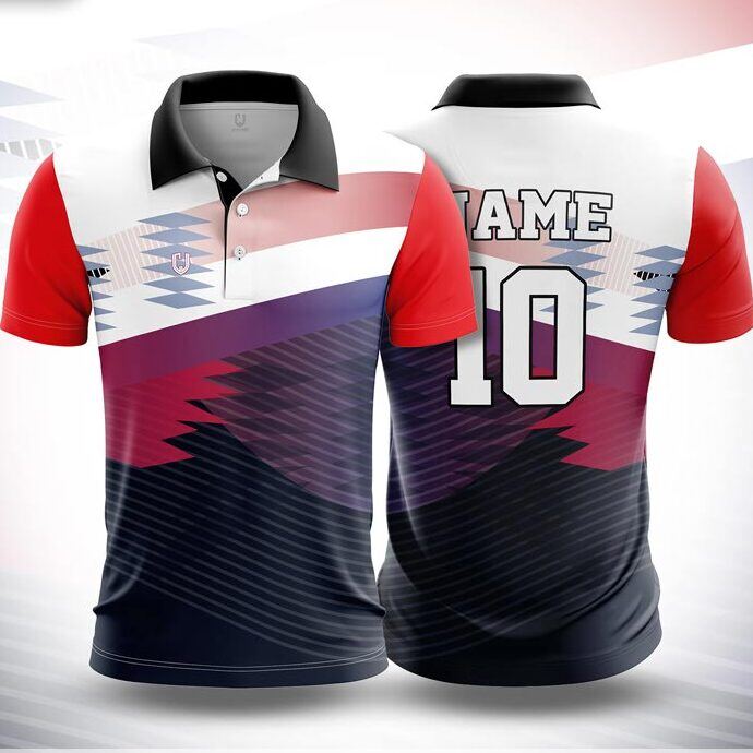 CJ25-53 polo neck jersey design in white, navy, maroon, red, front and back