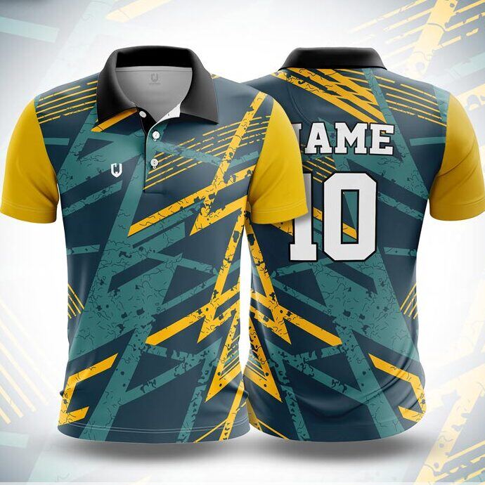 CJ25-39 polo neck jersey design in teal, gold, front and back