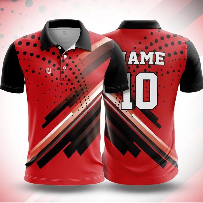 CJ25-48 polo neck jersey design in red, black, white, front and back