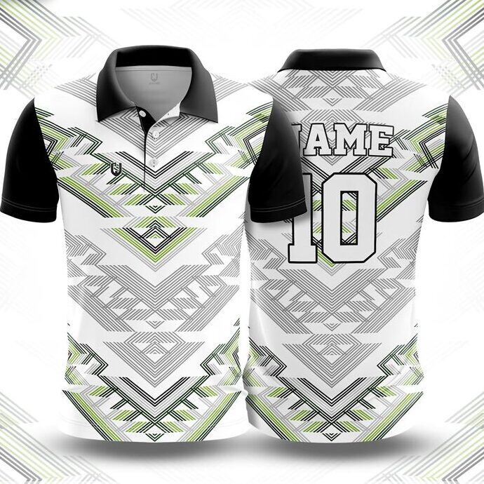 CJ25-14 polo neck jersey design in white, grey, lime green, black, front and back
