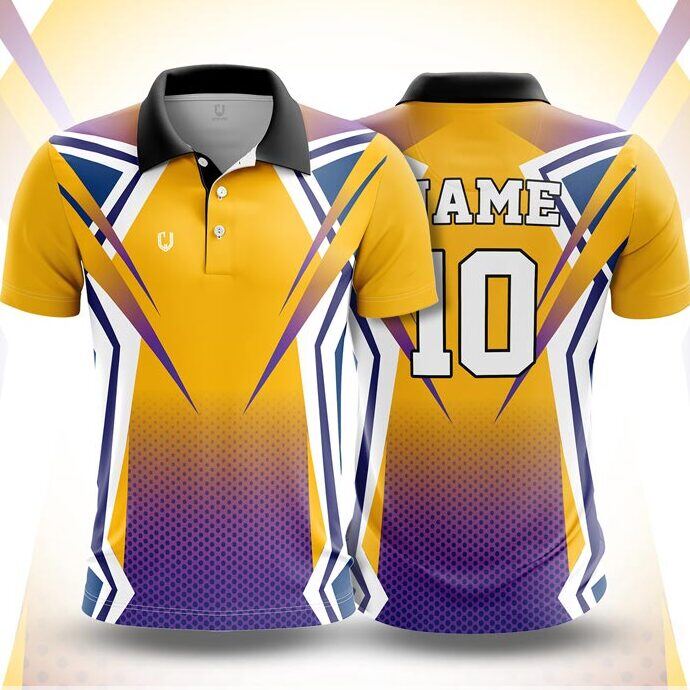 CJ25-1 polo neck jersey design in mustard yellow fading to purple, white, navy, front and back