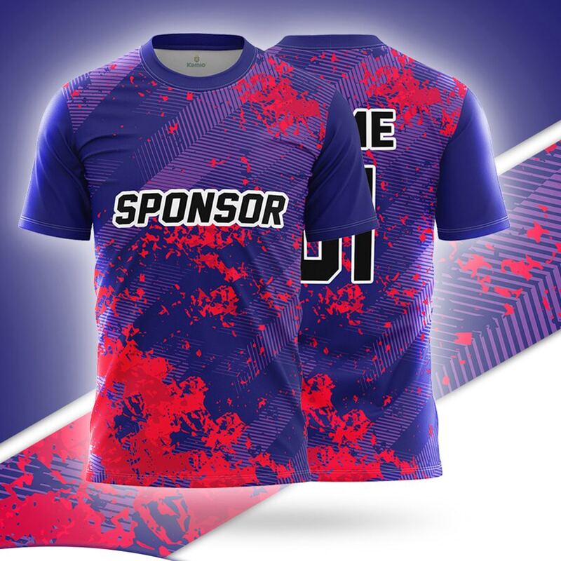 KO:M5 round neck jersey design in indigo, red, front and back