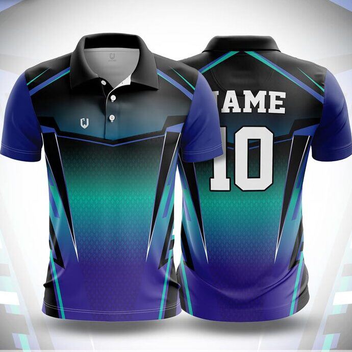 CJ25-17 polo neck jersey design in black, teal green, violet, cyan, front and back