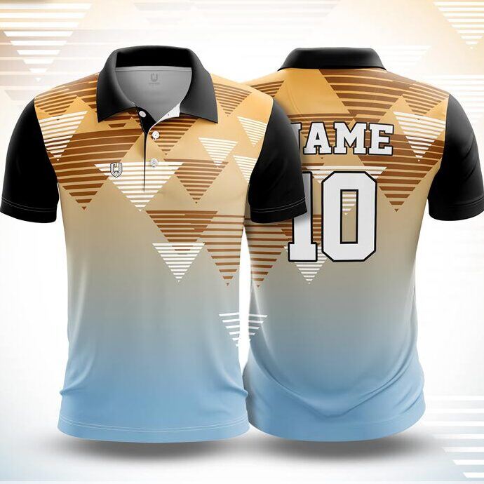 CJ25-40 polo neck jersey design in tan fading to light blue, white, black, front and back