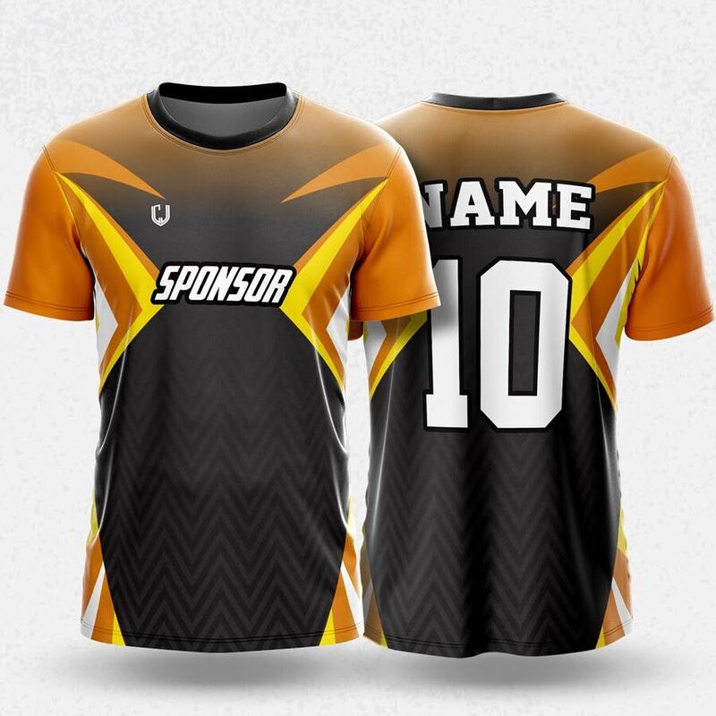 MR24-73R round neck jersey design in black, orange, yellow, front and back
