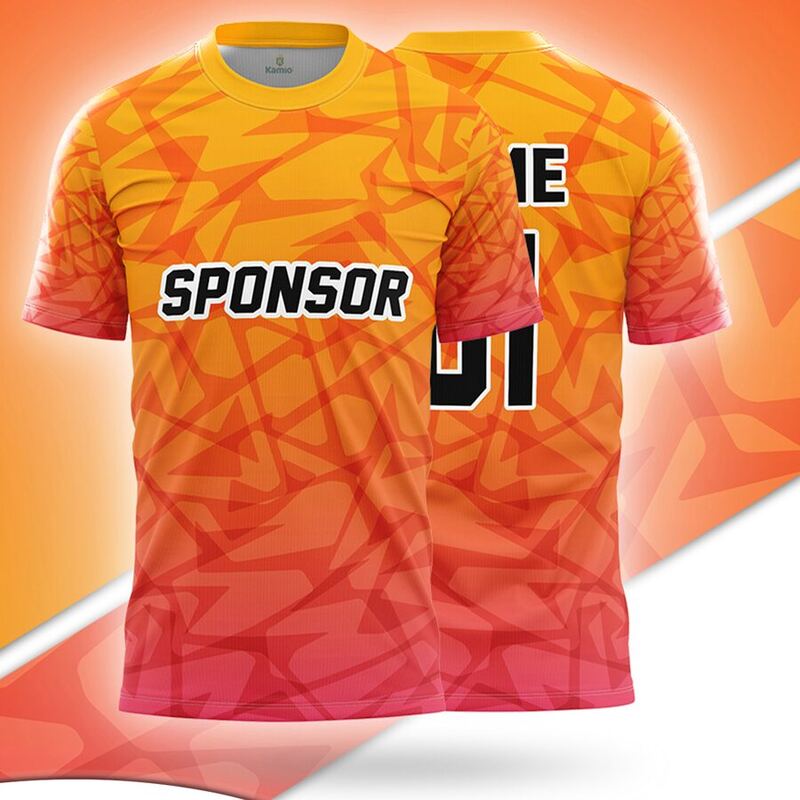 KO:M1 round neck jersey design in orange fading to pink, front and back