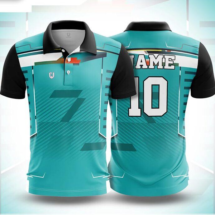 CJ25-55 polo neck jersey design in turquoise, white, black, front and back