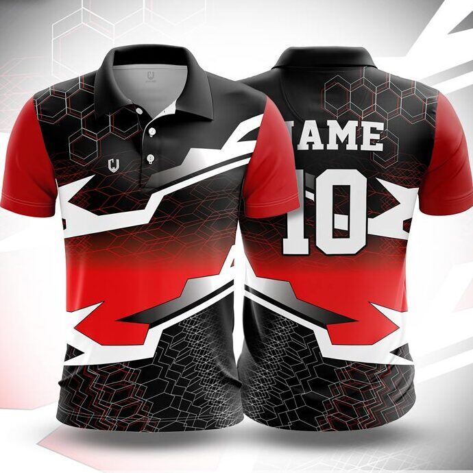 CJ25-11 polo neck jersey design in black, red, white, front and back