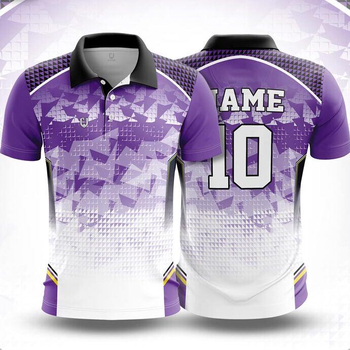 CJ25-26 polo neck jersey design in purple fading to white, yellow, front and back