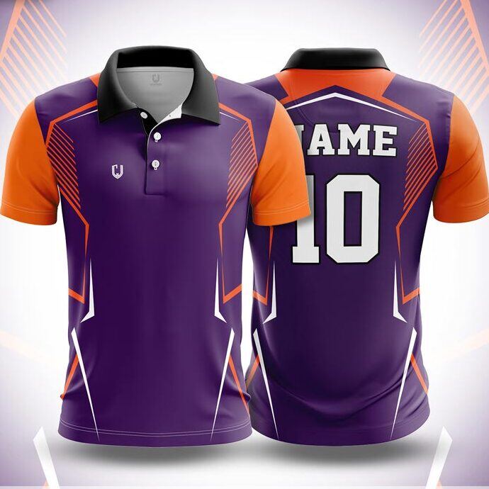 CJ25-18 polo neck jersey design in purple, orange, white, front and back