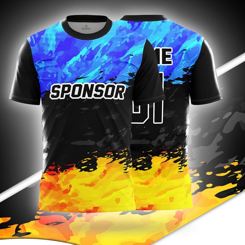 KO:M12 round neck jersey design in black, blue, yellow-orange, front and back