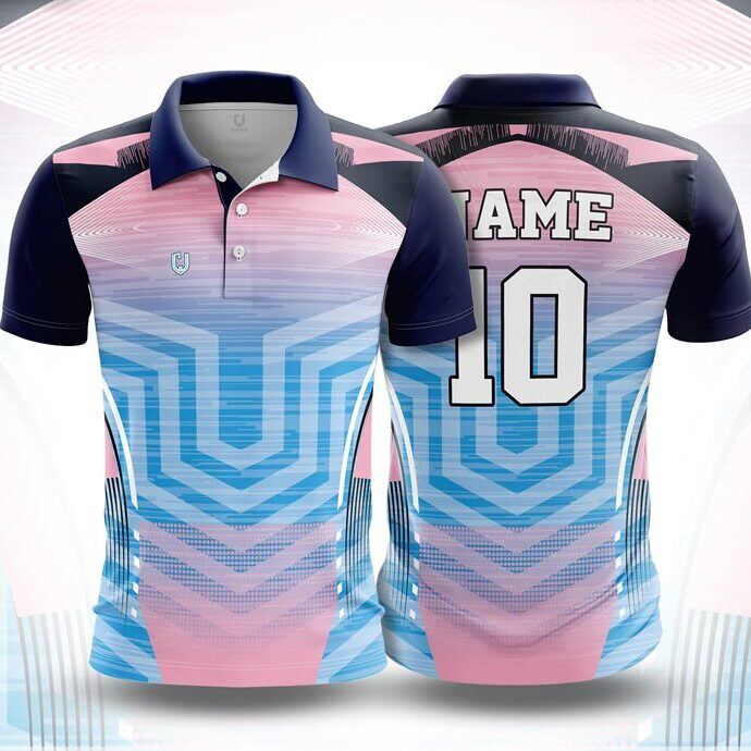 CJ25-43 polo neck jersey design in pink, sky blue, navy, front and back