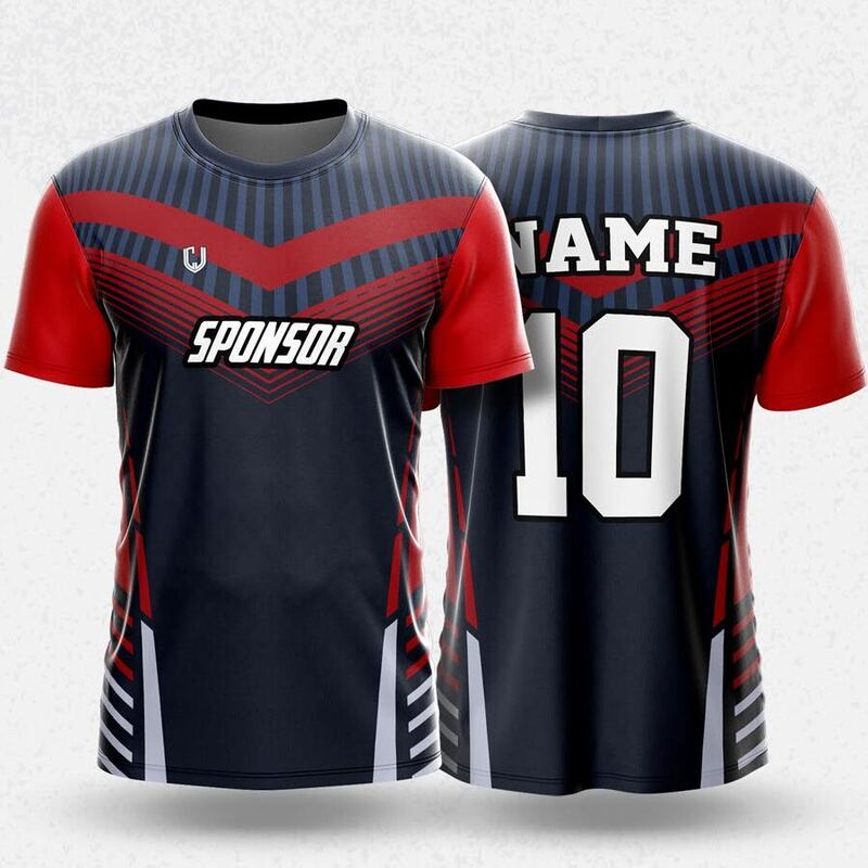 MR24-93R round neck jersey design in dark navy, red, grey, front and back