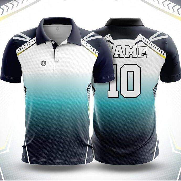 CJ25-13 polo neck jersey design in navy, white, teal, front and back