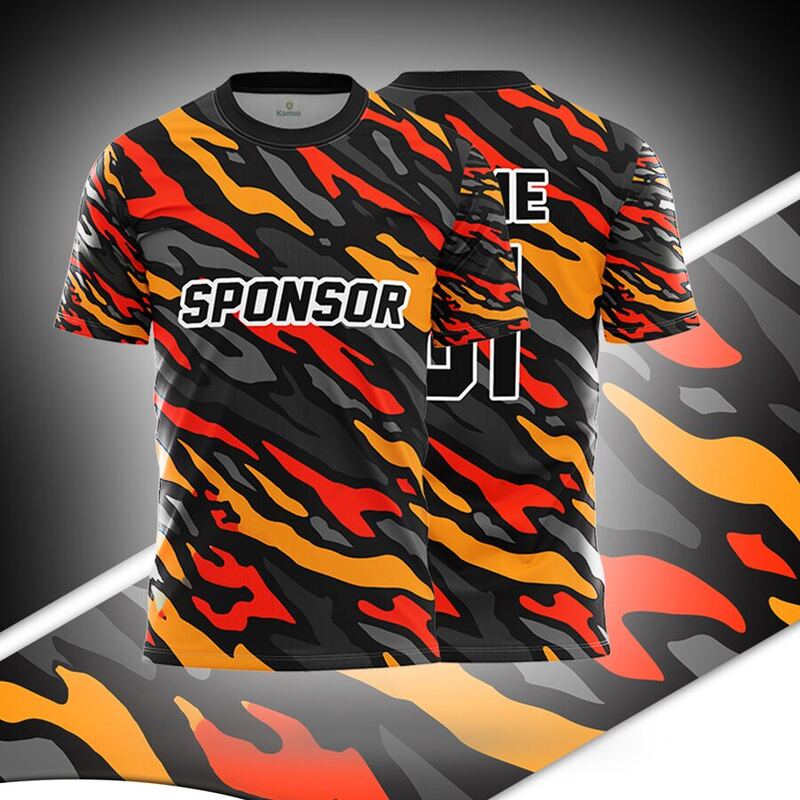 KO:M16 round neck jersey design in black, orange, red, grey, front and back