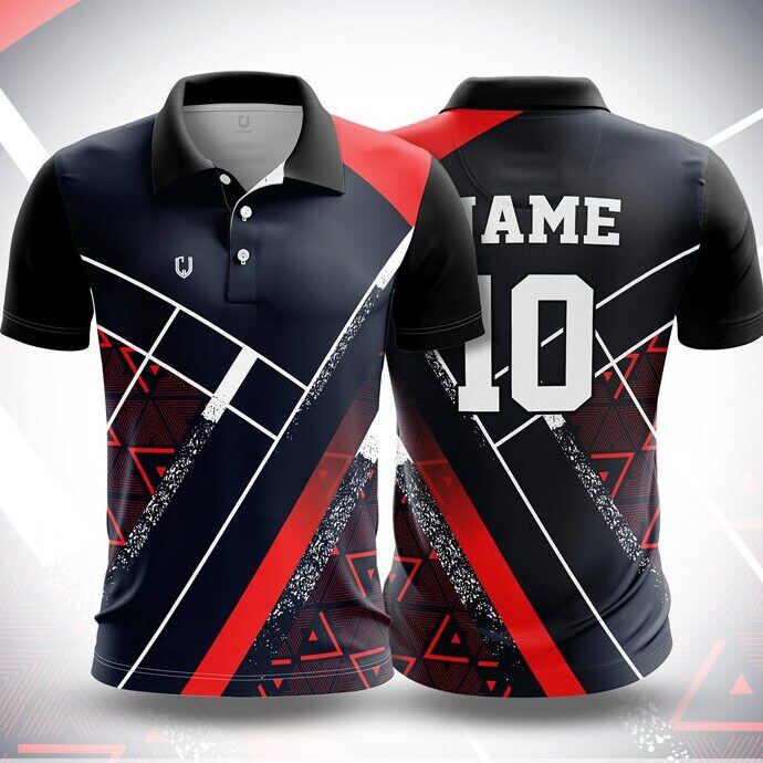 CJ25-7 polo neck jersey design in navy, red, white, front and back