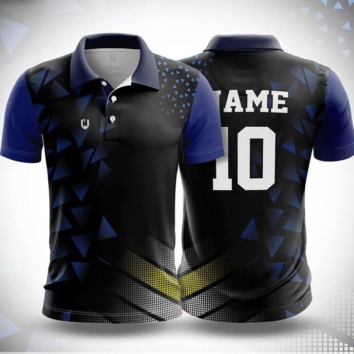 CJ25-22 polo neck jersey design in black, navy, blue, yellow, front and back