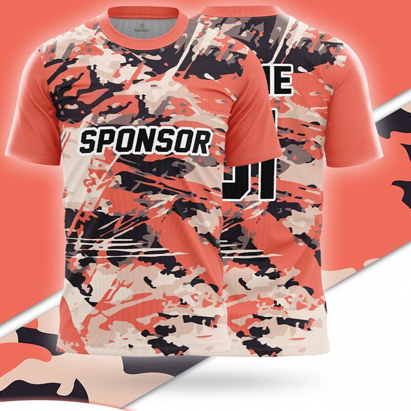 KO:M7 round neck jersey design in coral, cream, black, front and back
