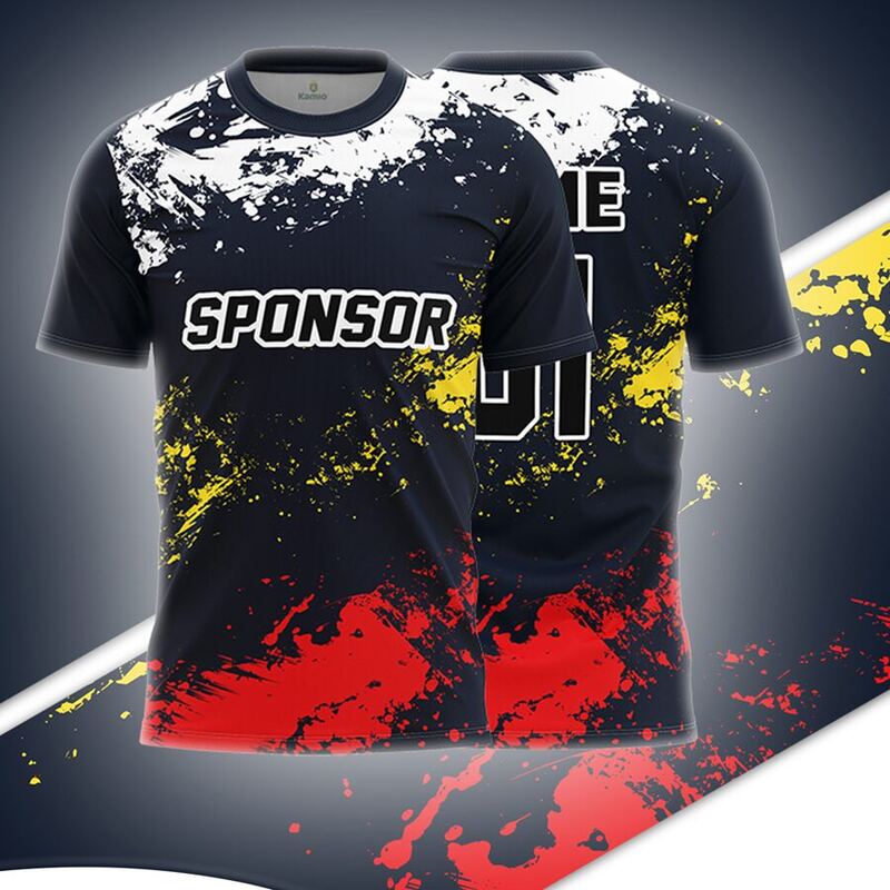 KO:M19 round neck jersey design in navy, white, yellow, red, front and back