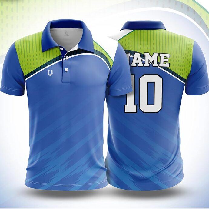 CJ25-25 polo neck jersey design in royal blue, lime green, navy, front and back