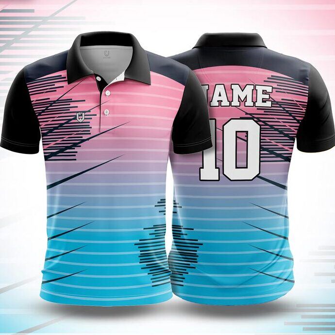 CJ25-44 polo neck jersey design in pink fading to sky blue, black, front and back